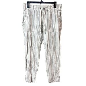 Athleta Women's Bali White Striped 100% Linen Pants Elastic Waist